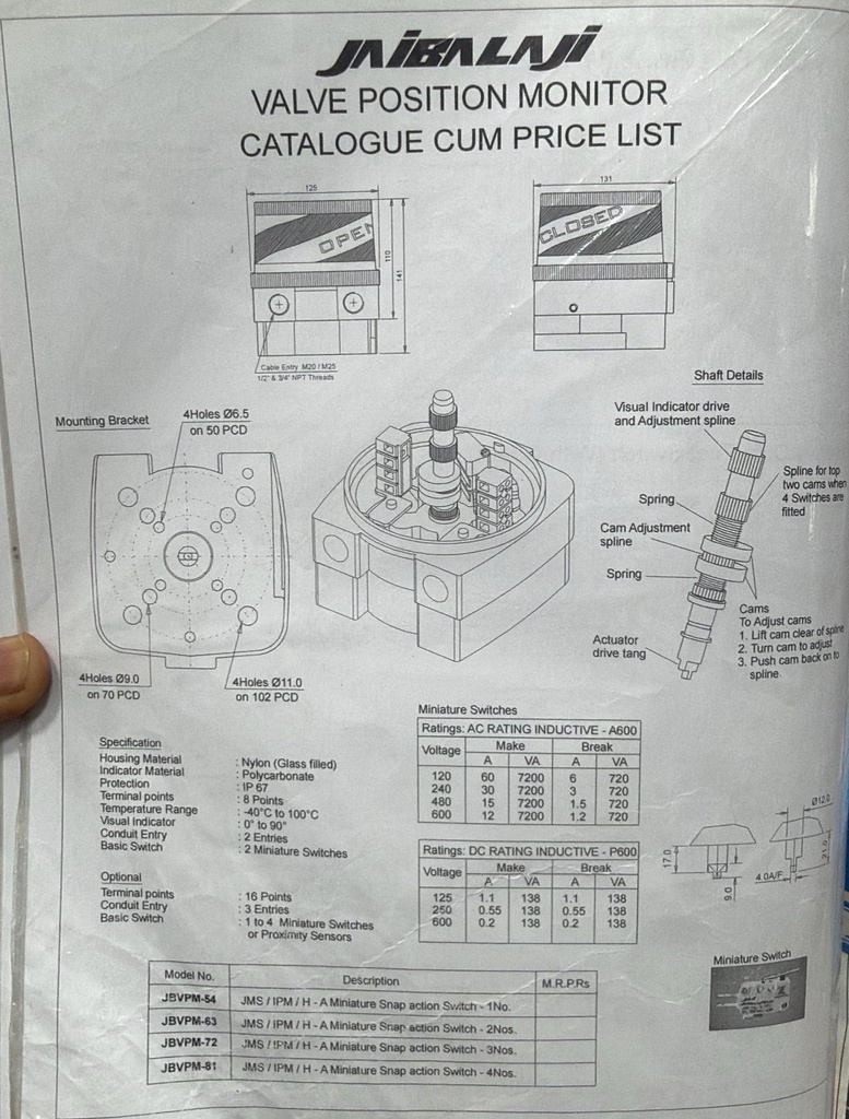 JAI BALAJI Make Valve Position Monitor Limit Switches, Model: JBVPM-81 (4NO+ 4NC)
